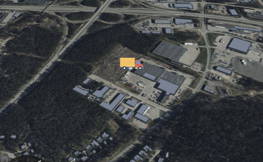 3D map view of an industrial area with a truck marker, from the road hazard dashboard