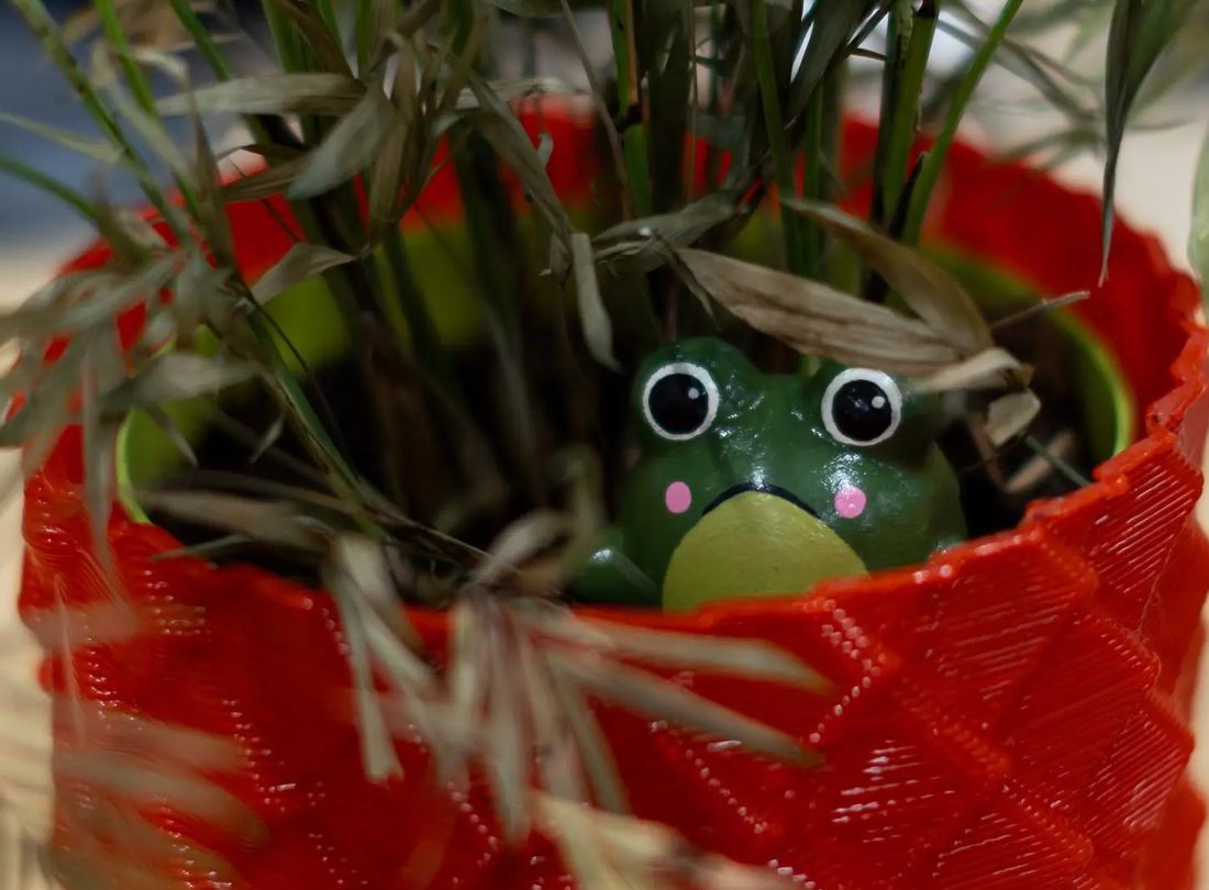 A hand-painted green Sprooty frog peeking out of a red 3D-printed plant pot